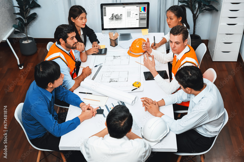 Poster diverse group of civil engineer and client working together on architectural project, reviewing cons