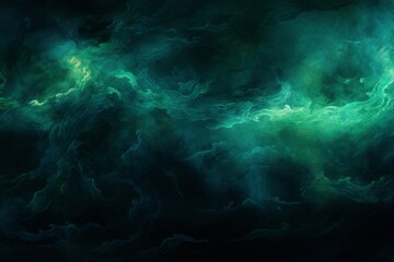 A digital interpretation of turbulent water currents and eddies in deep blues and greens, set against an inky black background, simulating the movement of a restless sea.