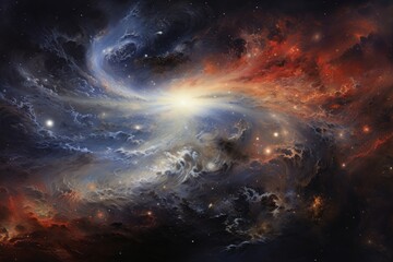 Fototapeta premium A chaotic and turbulent cosmic scene, with spirals of stars and galaxies intertwined against the dark expanse of space, invoking a sense of celestial wonder.