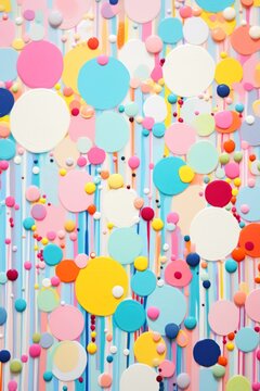A playful arrangement of random spots in pastel colors, resembling confetti or candy sprinkles, invoking a sense of whimsy and joy.
