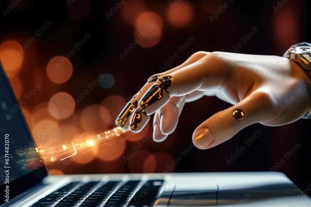 Aufkleber hand of futuristic robot press the button on keyboard. conceptual technology design.
