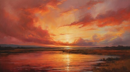 Fototapeta premium A vibrant abstract landscape with streaks of fiery red and orange, resembling a blazing sunset against a darkening sky, signifying the approach of a warm summer evening.