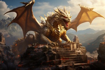 A dragon perched atop a mountain peak, its scales glistening in the sunlight as it guards a treasure trove of ancient artifacts.