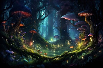 Fototapeta premium A mystical forest with ancient, towering trees inhabited by whimsical fairies and talking animals, their eyes filled with curiosity.