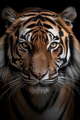 Fototapeta premium A dramatic portrait of a fierce Bengal tiger, its piercing eyes and striped fur exuding power and intensity.