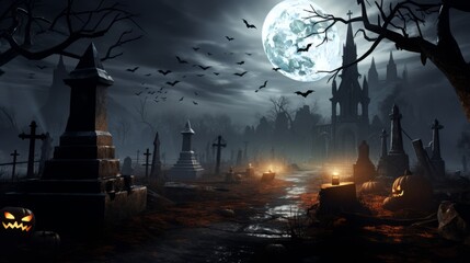 A spooky, moonlit graveyard with bats and pumpkins, setting the tone for Halloween.