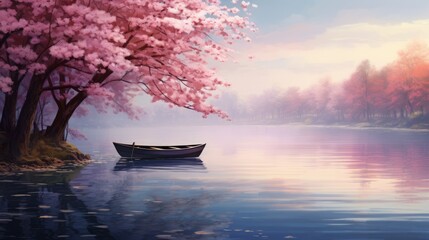 A tranquil lakeside scene with a rowboat and blossoming cherry trees, representing the tranquility of springtime.