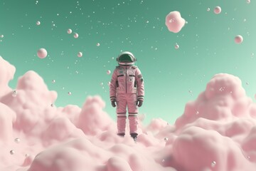 The character in an astronaut suit dons a pastel green ensemble and gazes towards the pastel pink and lavender stars, capturing the essence of minimalist cosmic exploration. - obrazy, fototapety, plakaty