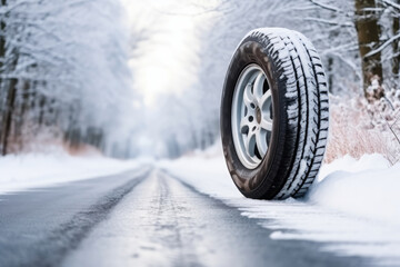 A winter car wheel tire by the side of a snow covered road
