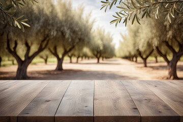 Naklejka na ściany i meble Texture board panel on wooden empty table background, defocused olive trees