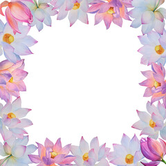 A frame made of a lotus flower bouquet. Watercolor flower illustration. Isolated white background, hand-drawn. Suitable for wedding decorations, greetings, wallpapers, fashion, posters, backgrounds.
