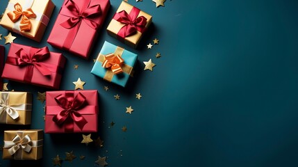 Joyful Christmas gift boxes ai generated banner background copy space
