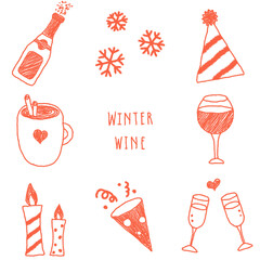 冬のパーティーシーンに使えるワインのイラストセット（レッド）
