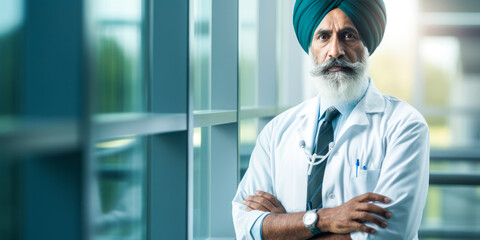 Indian male doctor with turban gazing through hospital window.