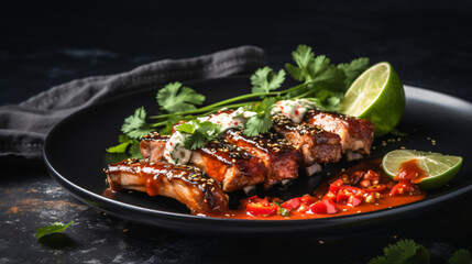 Mexican cuisine. Grilled pork ribs with hot pepper