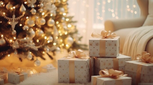 Cozy morning Christmas presents ai generated banner background copy space