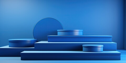 Abstract minimal scene with blue podium and blue background. 3d render