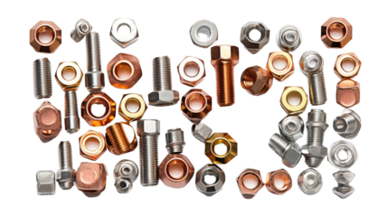 Many metallic screw heads, nuts, rivets isolated on white background close-up macro color copper and silver isolated on white background