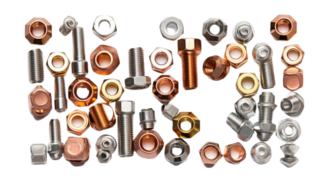 Many metallic screw heads, nuts, rivets isolated on white background close-up macro color copper and silver isolated on white background