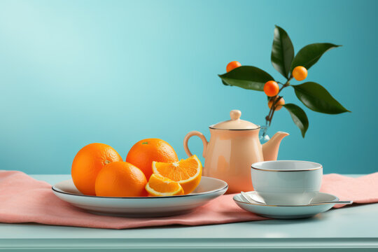 Vibrant mandarin oranges on pastel background. The breakfast setting offers an inviting atmosphere with room and natural light scene with advertise copy space for text. Generative AI