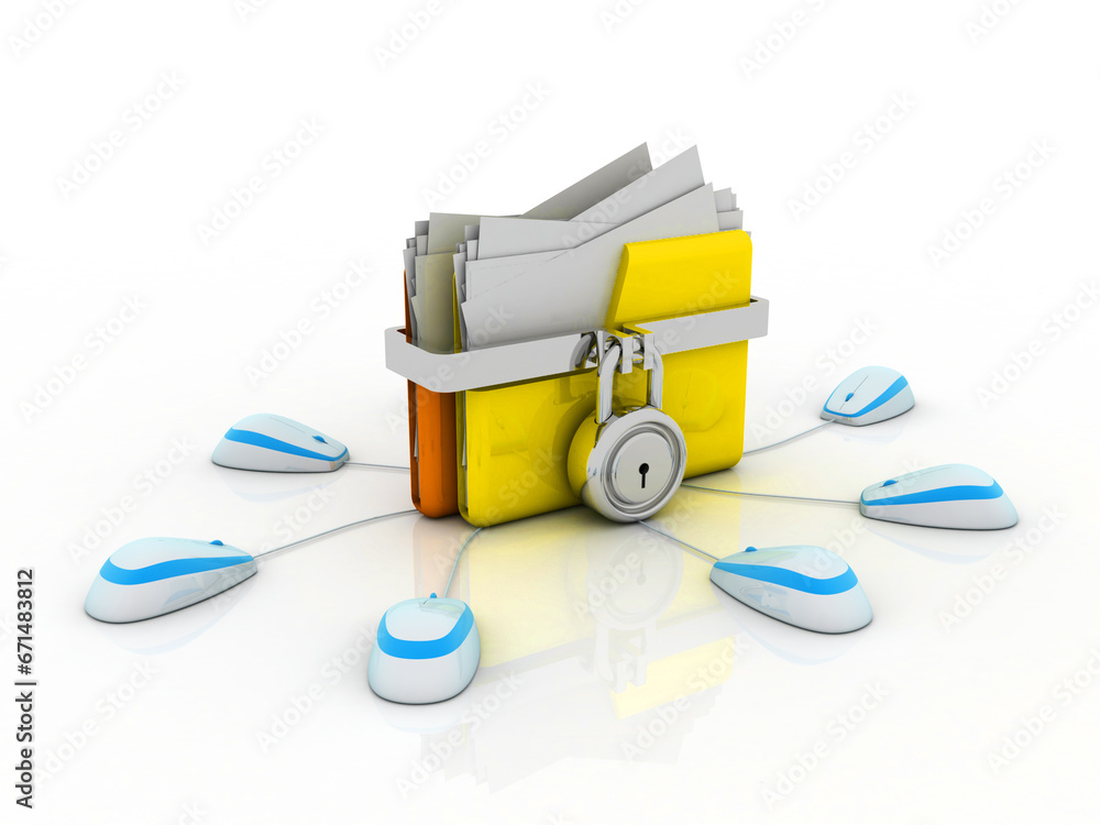 Poster 3d illustration folder protected lock with computer mouse. file storage concept