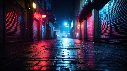 Obraz premium Neon-lit brick texture with red and blue accents, urban nightlife vibes, intense neon lighting, street art background