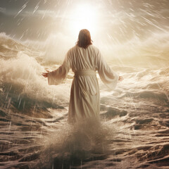 Jesus walking on the water during a night with moonlight.