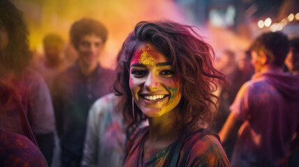 Obraz na płótnie Canvas Close-up portrait of a girl looking at camera after playing with colourful holi powder during festival celebration. Holy colors festival. Generative AI