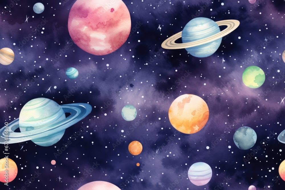 Wall mural seamless pattern of watercolor outer cosmos space with different planet
