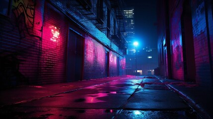 night street in the city, Neon-lit brick texture with red and blue accents, urban nightlife vibes, intense neon lighting, street art background - obrazy, fototapety, plakaty