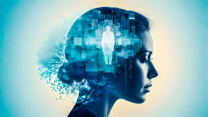 medical concept, double exposure, women's depression, Mental Health Awareness, mental,  medicine, stress, copy space,