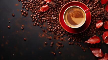 Obraz premium Background template with cup of coffee and grains and autumn leaves