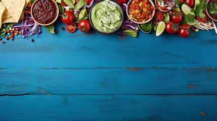 Fototapeta na wymiar Mexican food top border. Overhead view on a blue wooden table