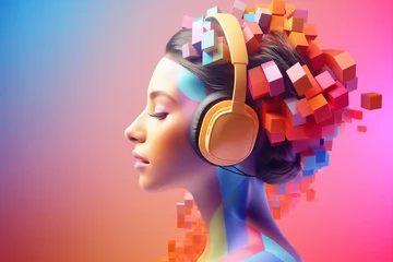 Wandcirkels plexiglas Girl with headphones with colorful painted 3D vivid hair on a dark color background. An illustration of auditory hallucinations or enjoyment of music. Mental health concept, Synesthesia. Generative AI © KatyaPulina