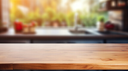 Naklejka na ściany i meble Wooden table on blurred kitchen bench background. Empty wooden table and blurred kitchen background
