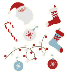 New year stickers in vector style, isolated on transparent background png. New Year sock, santa...