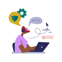 Сustomer service, hotline operator advises customer, online global technical support 24/7, customer and operator. Vector illustration.