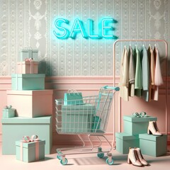 A flurry of excitement as the vibrant sale season collides with sleek cabinetry and stylish shoes in a shopping cart full of presents, transforming the indoor space into a fashionista's dream