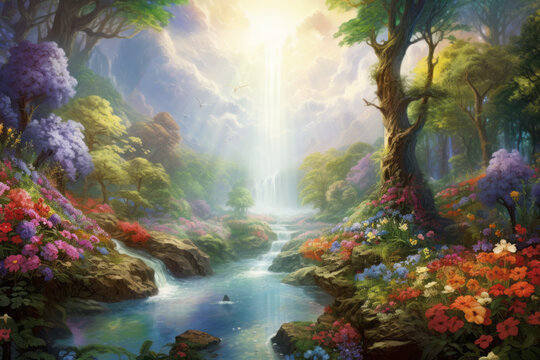 The concept of ``Garden of Eden'' that appears in the Old Testament ``Genesis''. "Paradise" where colorful flowers bloom. Rivers water the garden and cultivate the earth. imaginary image.