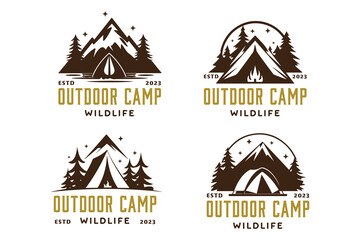 The title "Outdoor Camp Badges Vector" refers to a set of vector graphics that depict camp-themed badges suitable for outdoor activities and adventure-related designs.