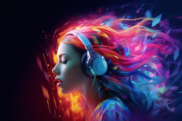 Girl with headphones with colorful painted 3D vivid hair on a dark color background. An...