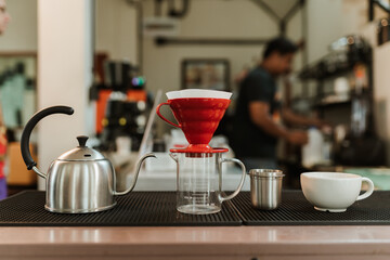 Set filtered coffee making on bar in coffee shop. Homemade, Drip c