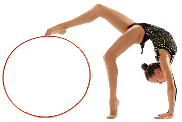 Talented artistic woman, professional gymnast performing art tricks, gymnastics element isolated on...