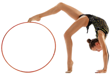 Talented artistic woman, professional gymnast performing art tricks, gymnastics element isolated on transparent background