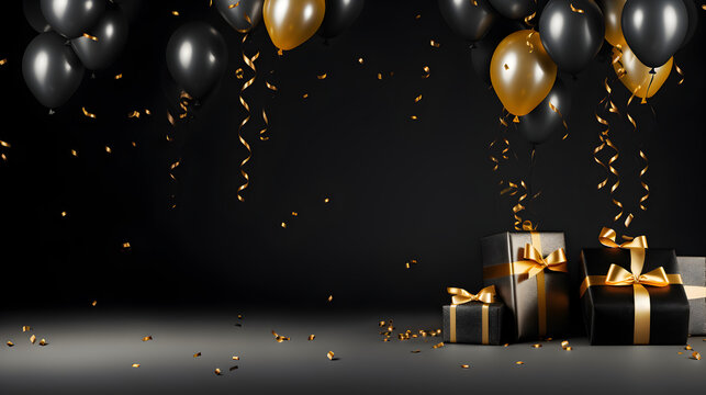 Festive Black Friday: Black friday banner with balloons and confetti, isolated blank background for copy space...