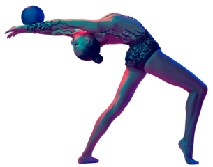 Woman, professional gymnast performing art tricks, gymnastics element with ball in neon filter, light isolated on transparent background