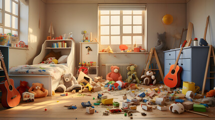 Children room full with toys ,Mess due to toys scattered on the floor