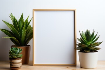 frame with blank poster mockup on wooden table with green succulent in pot - obrazy, fototapety, plakaty