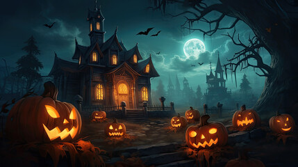 Halloween background with glowing pumpkins and haunted House