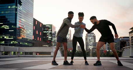 Friends, group or runner with hands together outdoor for fitness, exercise or motivation during...